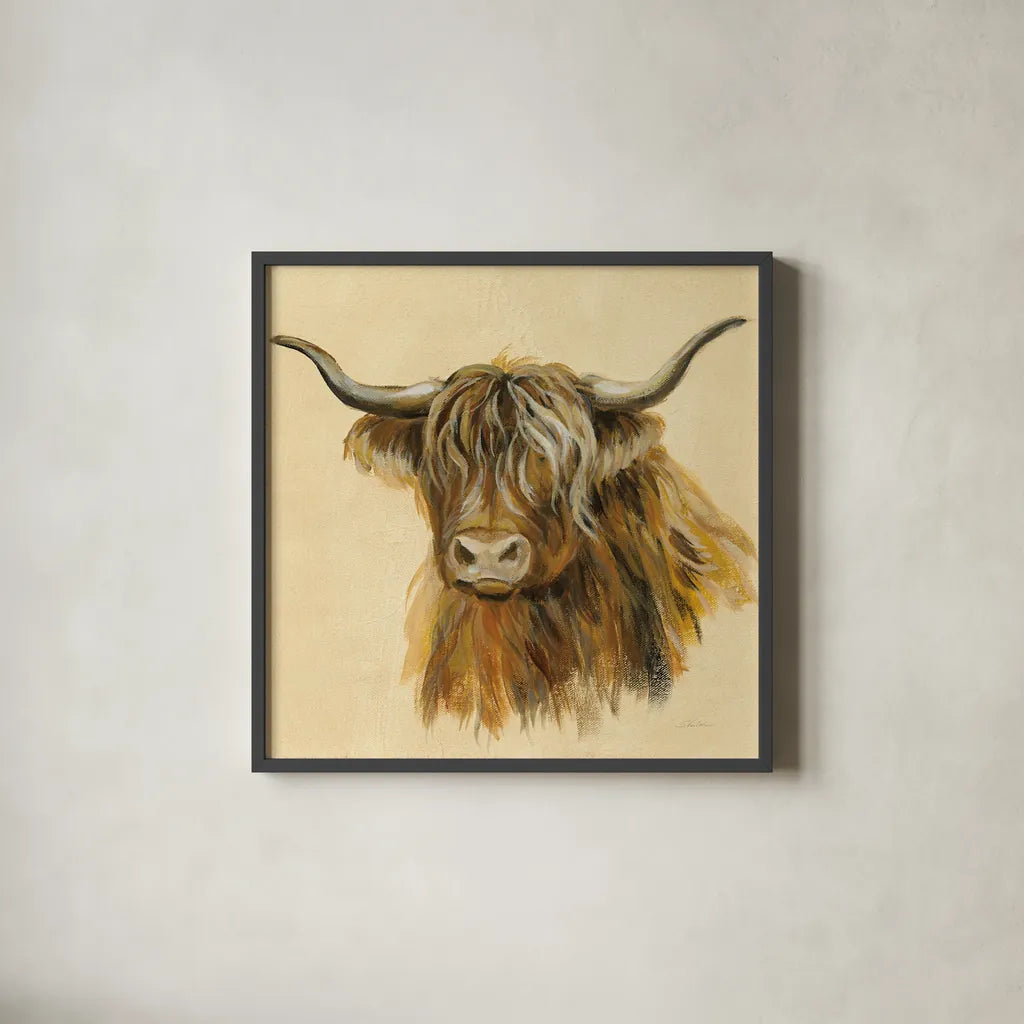 Highland Animal Cow by Silvia Vassileva. Shown in a sleek black glass frame for a contemporary gallery look. Available as an archival giclee rolled canvas, fine art paper, or poster print. SKU 55086a.