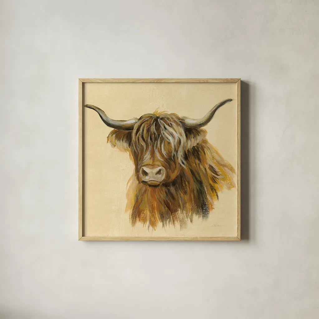 Highland Animal Cow by Silvia Vassileva. Shown in a natural wood glass frame for a timeless modern aesthetic. Available as an archival giclee rolled canvas, fine art paper, or poster print. SKU 55086a.