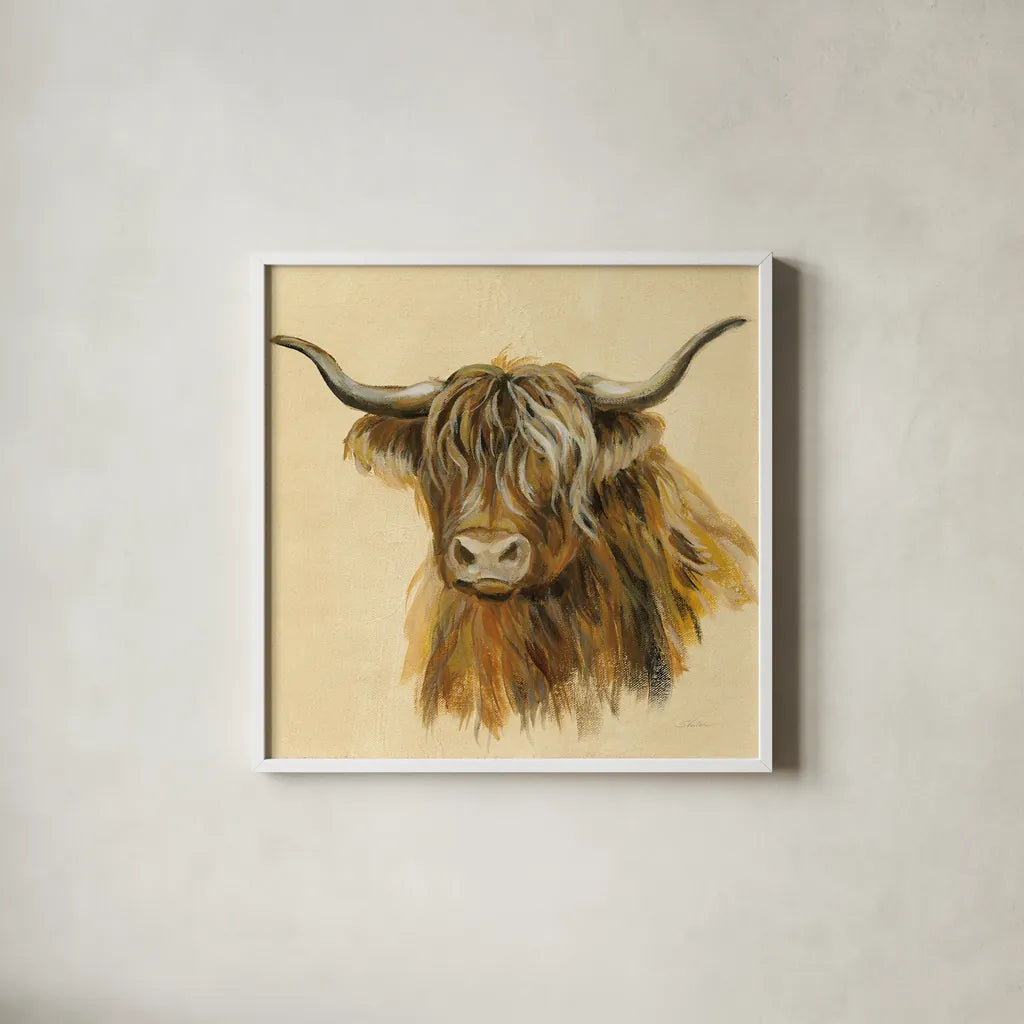 Highland Animal Cow by Silvia Vassileva. Shown in a crisp white glass frame for a clean and minimalist style. Available as an archival giclee rolled canvas, fine art paper, or poster print. SKU 55086a.