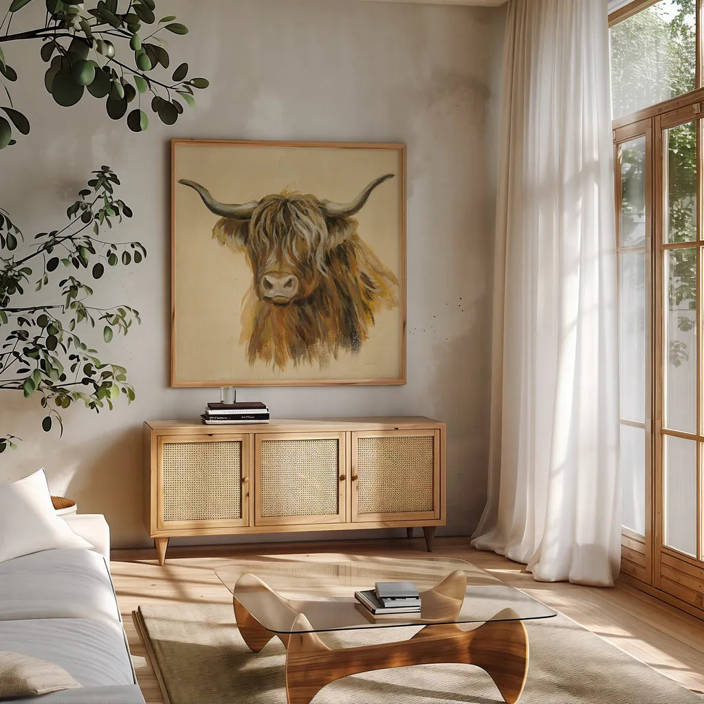 Highland Animal Cow by Silvia Vassileva. Shown in a natural wood frame in a cozy modern living room. Available as an archival giclee rolled canvas, fine art paper, or poster print. SKU 55086a.
