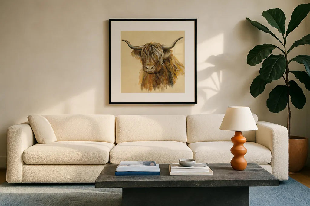 Highland Animal Cow by Silvia Vassileva. Displayed in a glass frame with matte in a clean modern living room. Available as an archival giclee rolled canvas, fine art paper, or poster print. SKU 55086a.