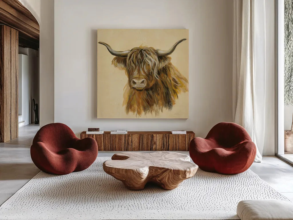 Highland Animal Cow by Silvia Vassileva. Shown as extra-large giant wall art in a modern living room. Available as an archival giclee rolled canvas, fine art paper, or poster print. SKU 55086a.
