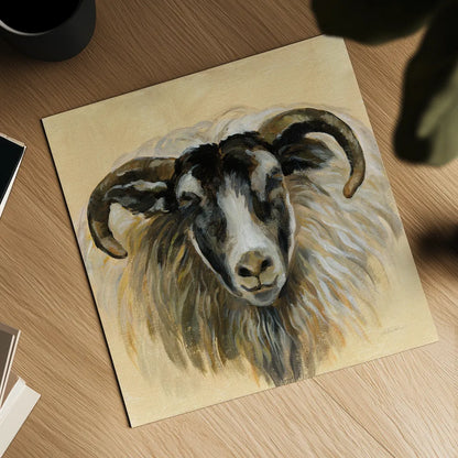 Highland Animal Ram by Silvia Vassileva. Shown as a detailed flat fine art print, highlighting archival giclee quality. Available as an archival giclee rolled canvas, fine art paper, or poster print. SKU 55085a.