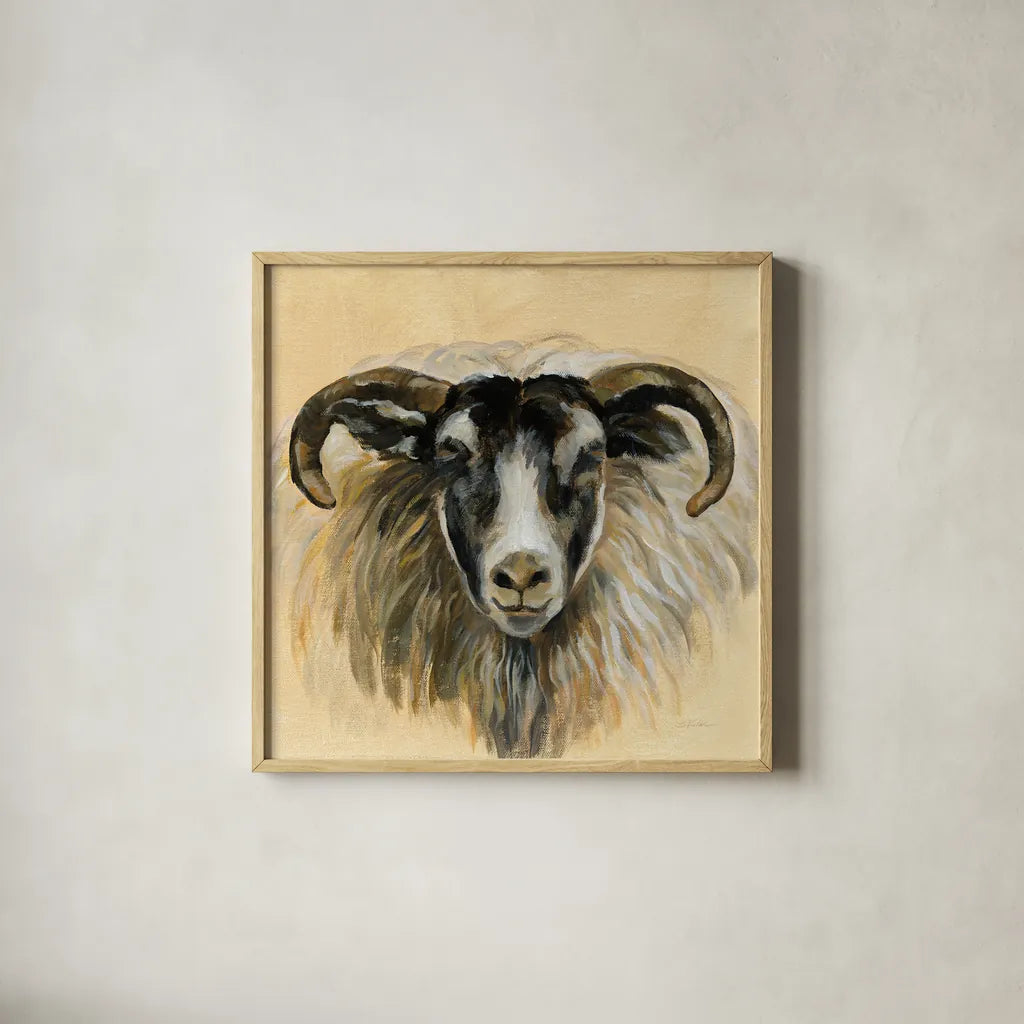 Highland Animal Ram by Silvia Vassileva. Shown in a natural wood glass frame for a timeless modern aesthetic. Available as an archival giclee rolled canvas, fine art paper, or poster print. SKU 55085a.