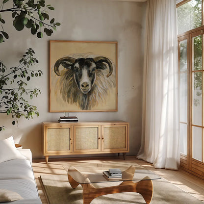 Highland Animal Ram by Silvia Vassileva. Shown in a natural wood frame in a cozy modern living room. Available as an archival giclee rolled canvas, fine art paper, or poster print. SKU 55085a.