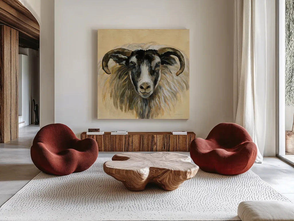 Highland Animal Ram by Silvia Vassileva. Shown as extra-large giant wall art in a modern living room. Available as an archival giclee rolled canvas, fine art paper, or poster print. SKU 55085a.