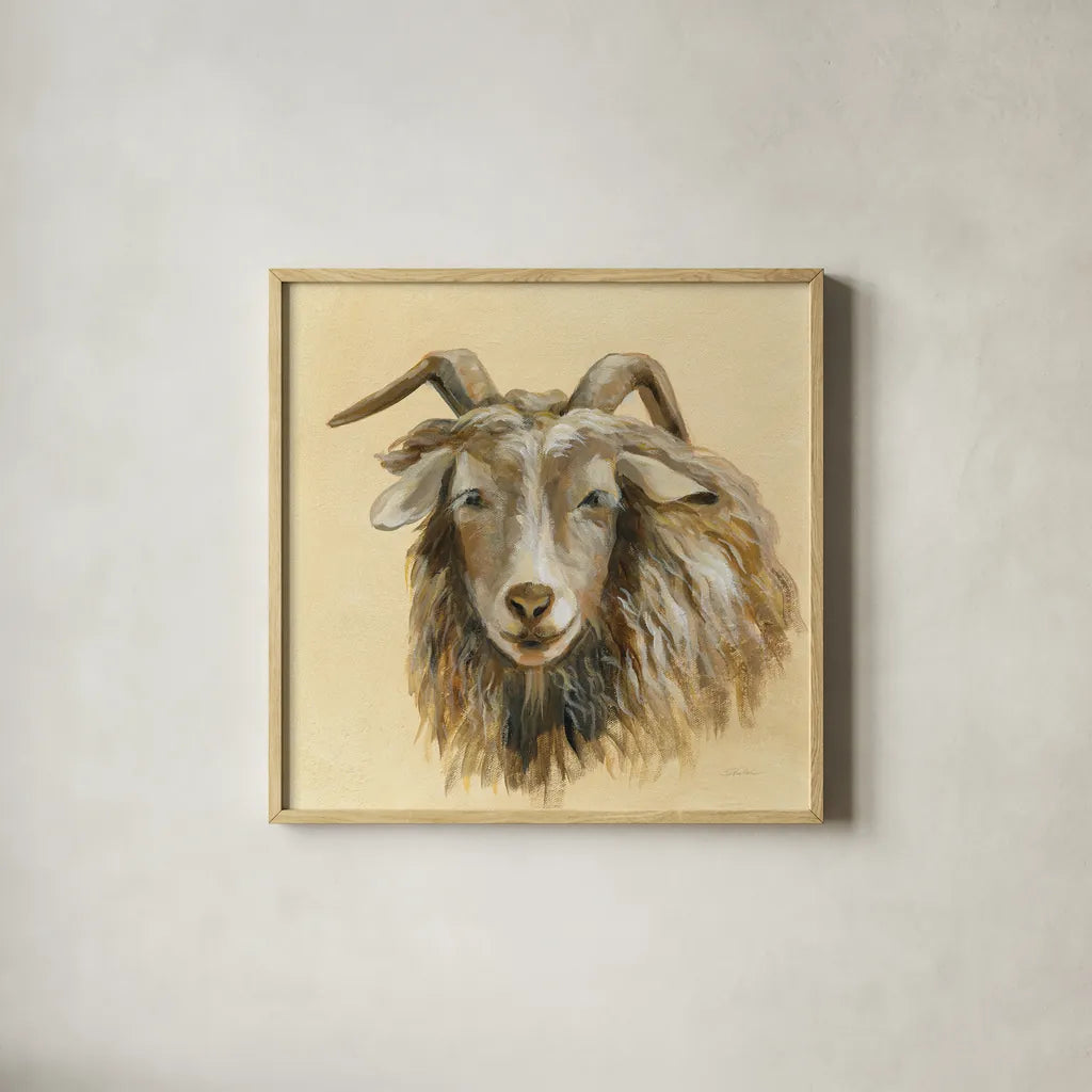 Highland Animal Sheep by Silvia Vassileva. Shown in a natural wood glass frame for a timeless modern aesthetic. Available as an archival giclee rolled canvas, fine art paper, or poster print. SKU 55084a.