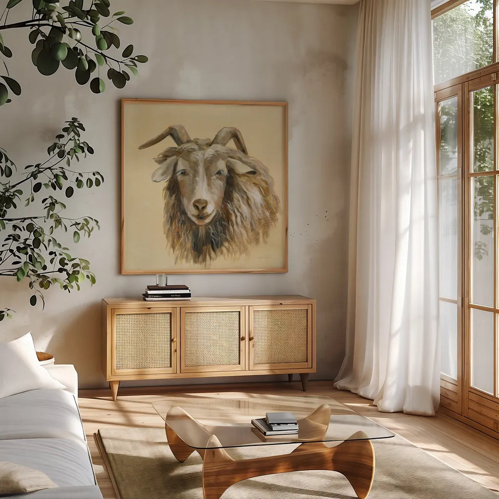 Highland Animal Sheep by Silvia Vassileva. Shown in a natural wood frame in a cozy modern living room. Available as an archival giclee rolled canvas, fine art paper, or poster print. SKU 55084a.