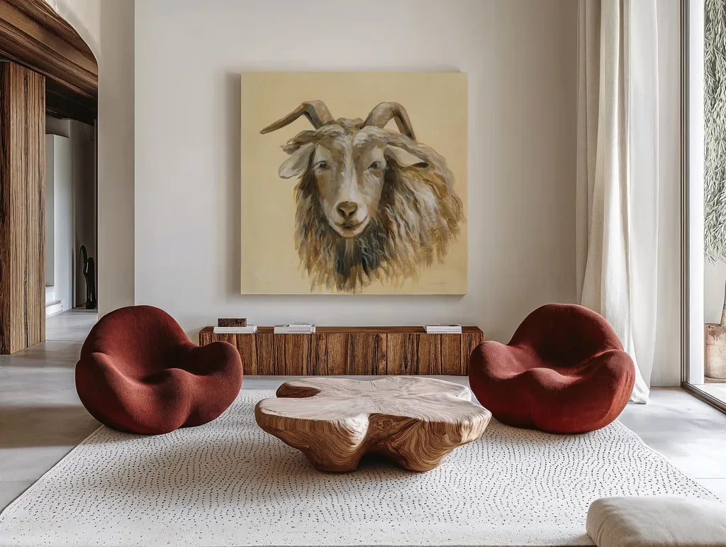 Highland Animal Sheep by Silvia Vassileva. Shown as extra-large giant wall art in a modern living room. Available as an archival giclee rolled canvas, fine art paper, or poster print. SKU 55084a.