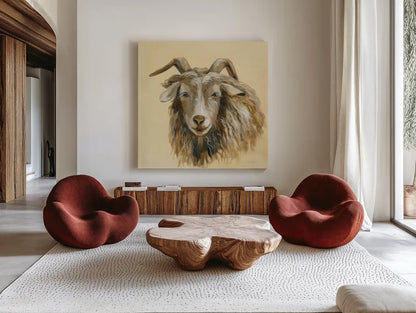 Highland Animal Sheep by Silvia Vassileva. Shown as extra-large giant wall art in a modern living room. Available as an archival giclee rolled canvas, fine art paper, or poster print. SKU 55084a.