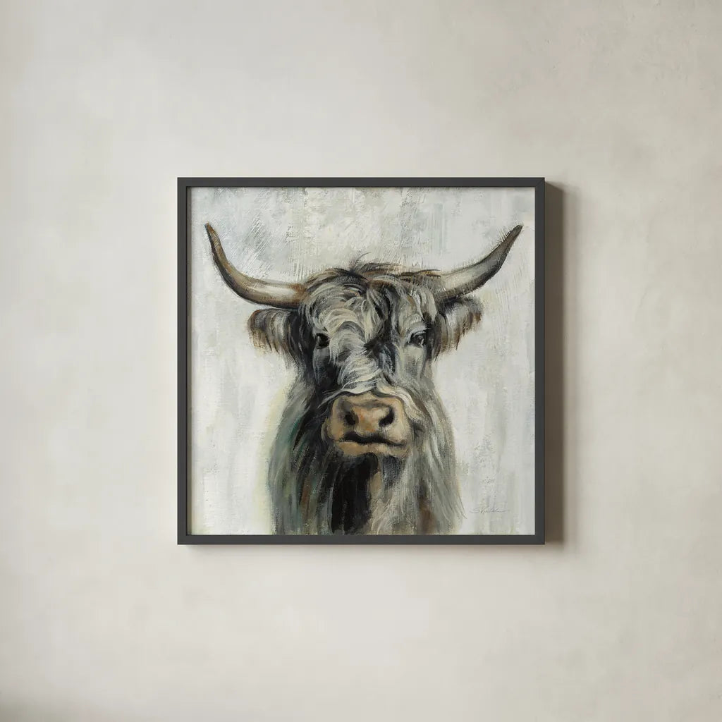 Highland Cow by Silvia Vassileva. Shown in a sleek black glass frame for a contemporary gallery look. Available as an archival giclee rolled canvas, fine art paper, or poster print. SKU 53710a.
