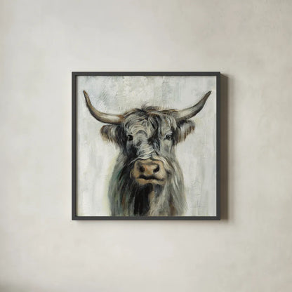 Highland Cow by Silvia Vassileva. Shown in a sleek black glass frame for a contemporary gallery look. Available as an archival giclee rolled canvas, fine art paper, or poster print. SKU 53710a.
