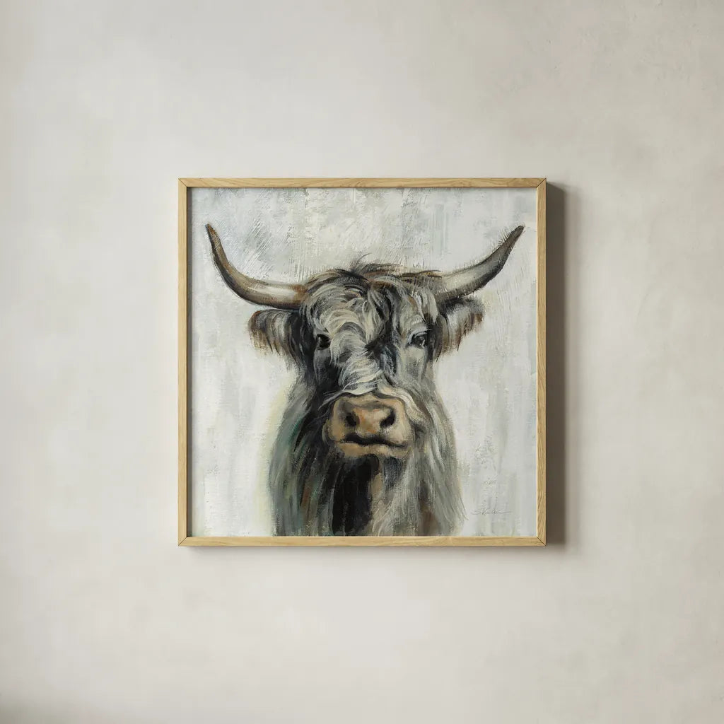 Highland Cow by Silvia Vassileva. Shown in a natural wood glass frame for a timeless modern aesthetic. Available as an archival giclee rolled canvas, fine art paper, or poster print. SKU 53710a.