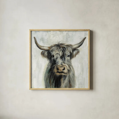 Highland Cow by Silvia Vassileva. Shown in a natural wood glass frame for a timeless modern aesthetic. Available as an archival giclee rolled canvas, fine art paper, or poster print. SKU 53710a.