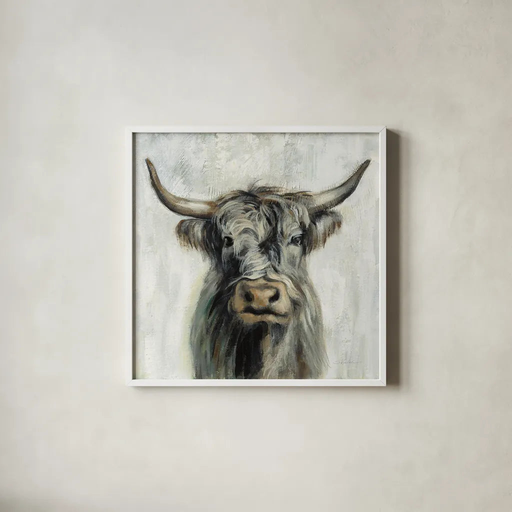 Highland Cow by Silvia Vassileva. Shown in a crisp white glass frame for a clean and minimalist style. Available as an archival giclee rolled canvas, fine art paper, or poster print. SKU 53710a.