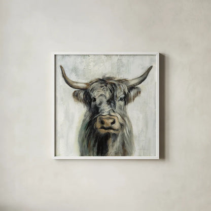 Highland Cow by Silvia Vassileva. Shown in a crisp white glass frame for a clean and minimalist style. Available as an archival giclee rolled canvas, fine art paper, or poster print. SKU 53710a.
