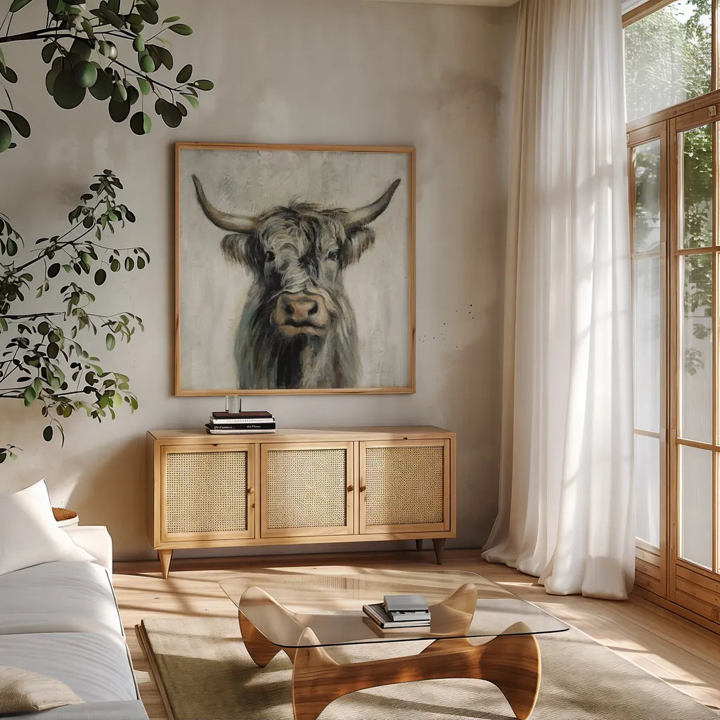Highland Cow by Silvia Vassileva. Shown in a natural wood frame in a cozy modern living room. Available as an archival giclee rolled canvas, fine art paper, or poster print. SKU 53710a.
