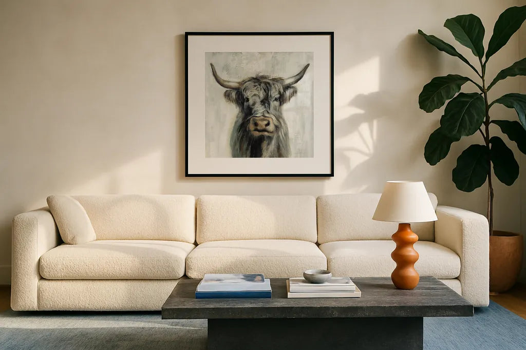 Highland Cow by Silvia Vassileva. Displayed in a glass frame with matte in a clean modern living room. Available as an archival giclee rolled canvas, fine art paper, or poster print. SKU 53710a.