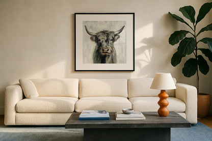 Highland Cow by Silvia Vassileva. Displayed in a glass frame with matte in a clean modern living room. Available as an archival giclee rolled canvas, fine art paper, or poster print. SKU 53710a.