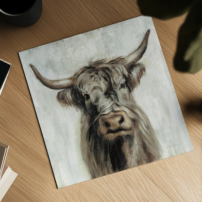 Highland Cow Brown by Silvia Vassileva. Shown as a detailed flat fine art print, highlighting archival giclee quality. Available as an archival giclee rolled canvas, fine art paper, or poster print. SKU 70632a.