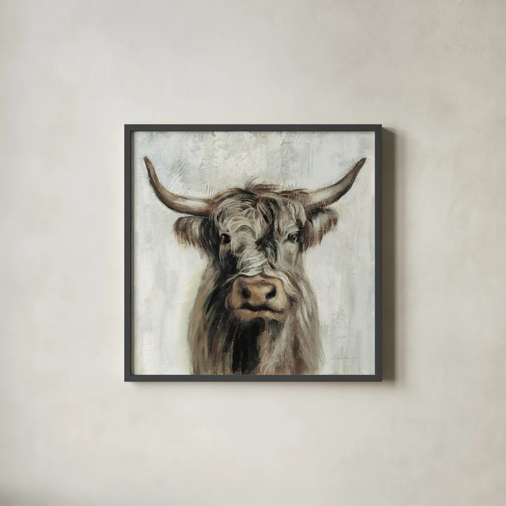 Highland Cow Brown by Silvia Vassileva. Shown in a sleek black glass frame for a contemporary gallery look. Available as an archival giclee rolled canvas, fine art paper, or poster print. SKU 70632a.