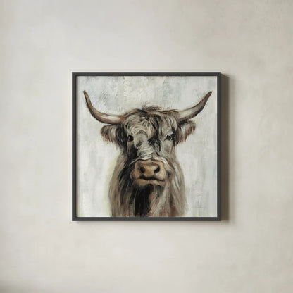 Highland Cow Brown by Silvia Vassileva. Shown in a sleek black glass frame for a contemporary gallery look. Available as an archival giclee rolled canvas, fine art paper, or poster print. SKU 70632a.