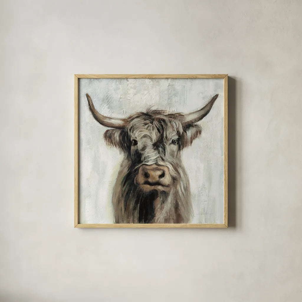 Highland Cow Brown by Silvia Vassileva. Shown in a natural wood glass frame for a timeless modern aesthetic. Available as an archival giclee rolled canvas, fine art paper, or poster print. SKU 70632a.