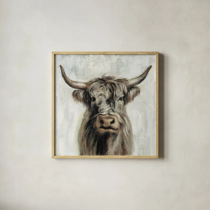 Highland Cow Brown by Silvia Vassileva. Shown in a natural wood glass frame for a timeless modern aesthetic. Available as an archival giclee rolled canvas, fine art paper, or poster print. SKU 70632a.