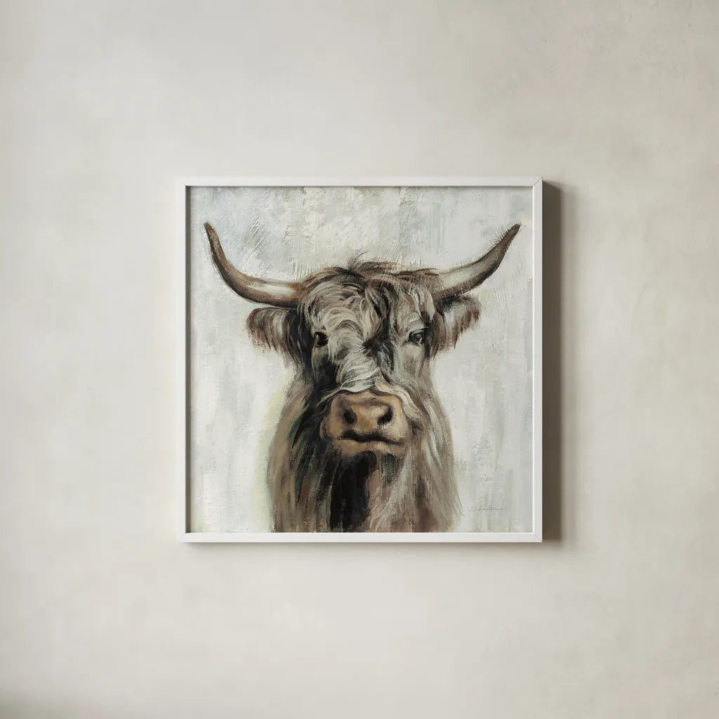 Highland Cow Brown by Silvia Vassileva. Shown in a crisp white glass frame for a clean and minimalist style. Available as an archival giclee rolled canvas, fine art paper, or poster print. SKU 70632a.
