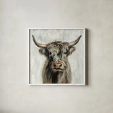Highland Cow Brown by Silvia Vassileva. Shown in a crisp white glass frame for a clean and minimalist style. Available as an archival giclee rolled canvas, fine art paper, or poster print. SKU 70632a.