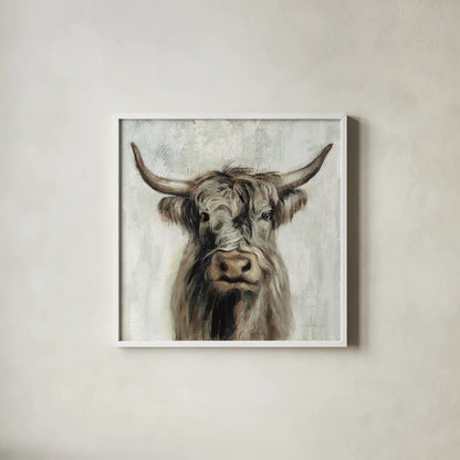 Highland Cow Brown by Silvia Vassileva. Shown in a crisp white glass frame for a clean and minimalist style. Available as an archival giclee rolled canvas, fine art paper, or poster print. SKU 70632a.