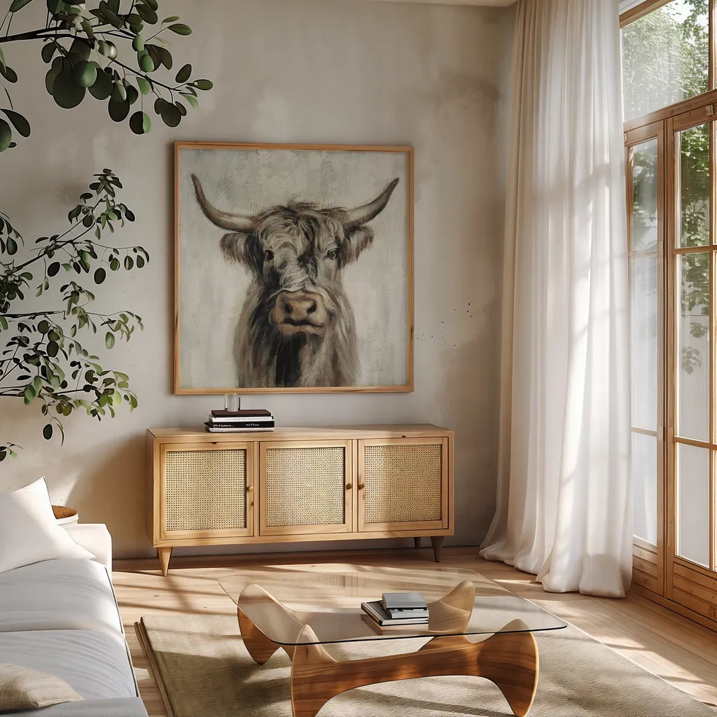 Highland Cow Brown by Silvia Vassileva. Shown in a natural wood frame in a cozy modern living room. Available as an archival giclee rolled canvas, fine art paper, or poster print. SKU 70632a.