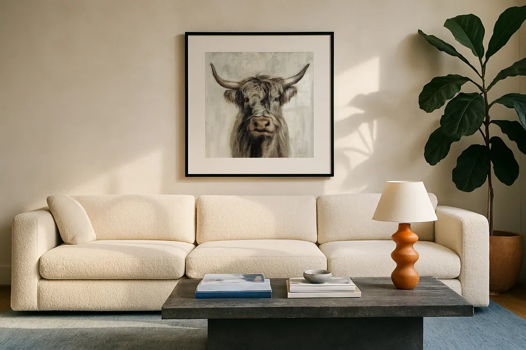 Highland Cow Brown by Silvia Vassileva. Displayed in a glass frame with matte in a clean modern living room. Available as an archival giclee rolled canvas, fine art paper, or poster print. SKU 70632a.