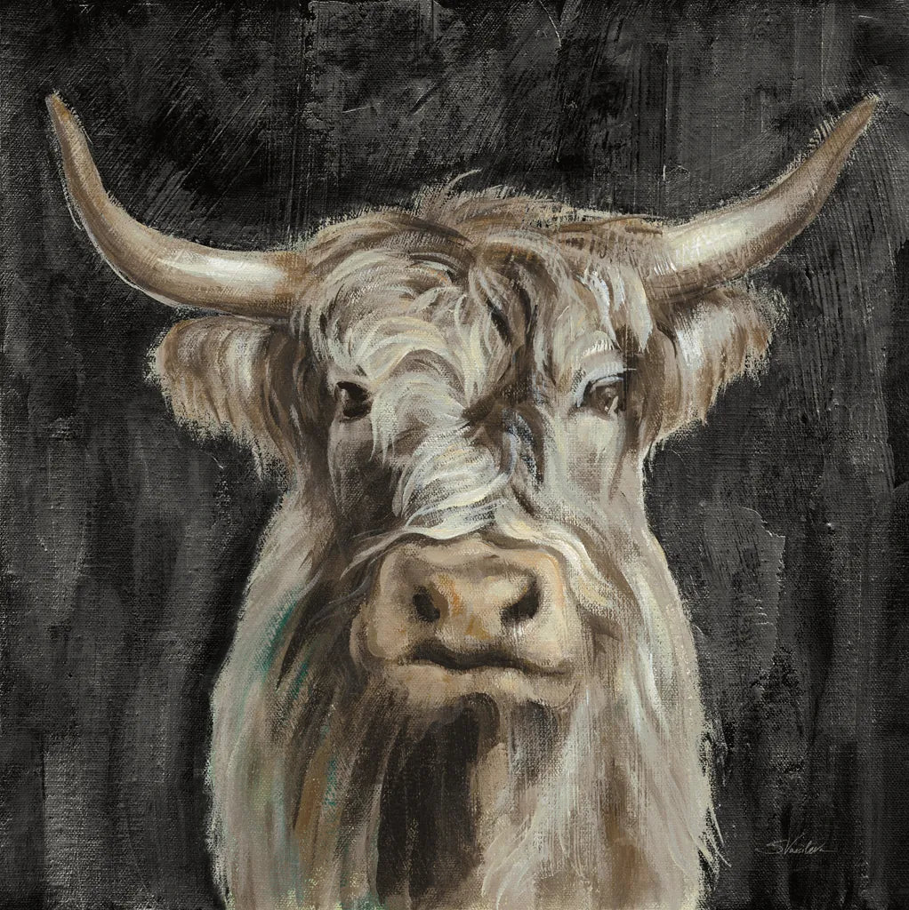 Highland Cow on Black by Silvia Vassileva. SKU 83653a. Archival Giclee Fine art print for wall decor.