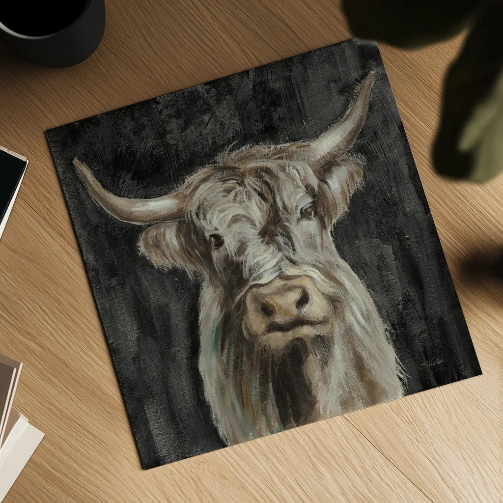 Highland Cow on Black by Silvia Vassileva. Shown as a detailed flat fine art print, highlighting archival giclee quality. Available as an archival giclee rolled canvas, fine art paper, or poster print. SKU 83653a.