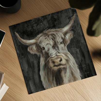 Highland Cow on Black by Silvia Vassileva. Shown as a detailed flat fine art print, highlighting archival giclee quality. Available as an archival giclee rolled canvas, fine art paper, or poster print. SKU 83653a.
