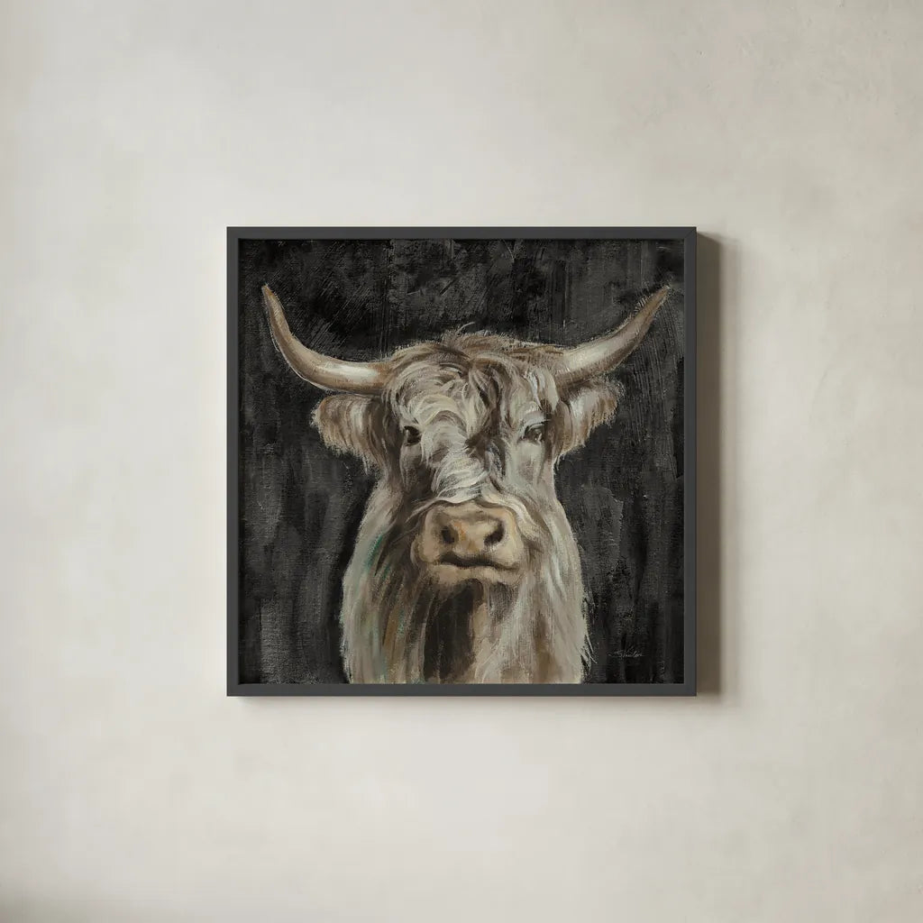 Highland Cow on Black by Silvia Vassileva. Shown in a sleek black glass frame for a contemporary gallery look. Available as an archival giclee rolled canvas, fine art paper, or poster print. SKU 83653a.