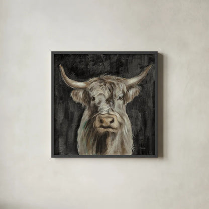 Highland Cow on Black by Silvia Vassileva. Shown in a sleek black glass frame for a contemporary gallery look. Available as an archival giclee rolled canvas, fine art paper, or poster print. SKU 83653a.