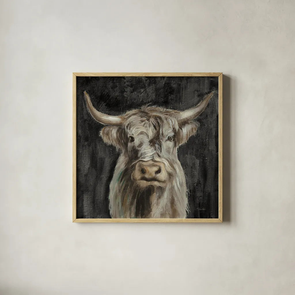 Highland Cow on Black by Silvia Vassileva. Shown in a natural wood glass frame for a timeless modern aesthetic. Available as an archival giclee rolled canvas, fine art paper, or poster print. SKU 83653a.