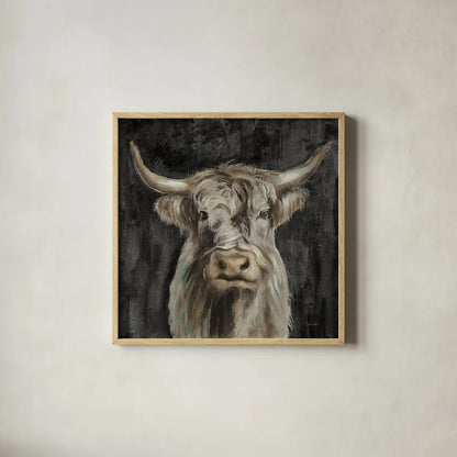 Highland Cow on Black by Silvia Vassileva. Shown in a natural wood glass frame for a timeless modern aesthetic. Available as an archival giclee rolled canvas, fine art paper, or poster print. SKU 83653a.