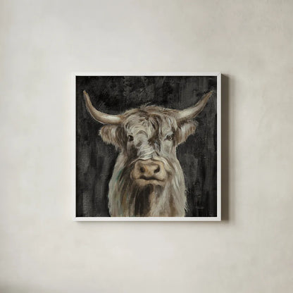 Highland Cow on Black by Silvia Vassileva. Shown in a crisp white glass frame for a clean and minimalist style. Available as an archival giclee rolled canvas, fine art paper, or poster print. SKU 83653a.