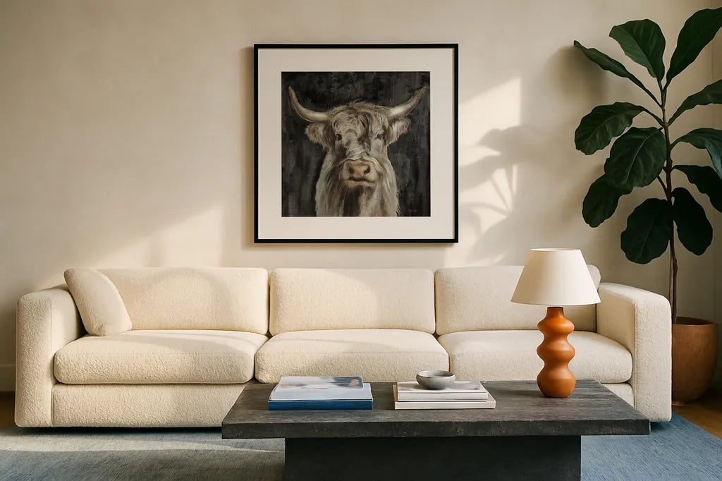 Highland Cow on Black by Silvia Vassileva. Displayed in a glass frame with matte in a clean modern living room. Available as an archival giclee rolled canvas, fine art paper, or poster print. SKU 83653a.