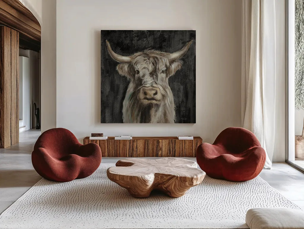 Highland Cow on Black by Silvia Vassileva. Shown as extra-large giant wall art in a modern living room. Available as an archival giclee rolled canvas, fine art paper, or poster print. SKU 83653a.