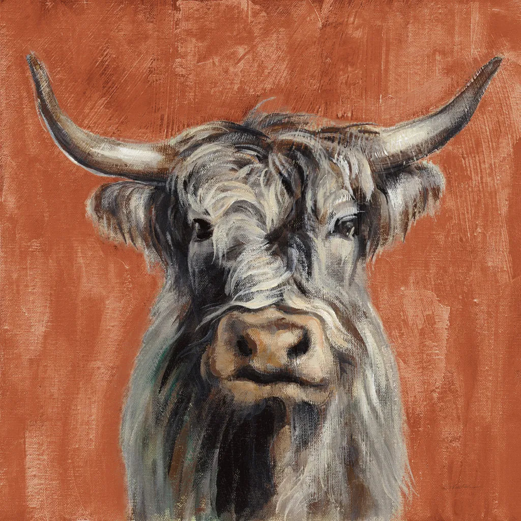 Highland Cow on Terracotta by Silvia Vassileva. SKU 59467a. Archival Giclee Fine art print for wall decor.