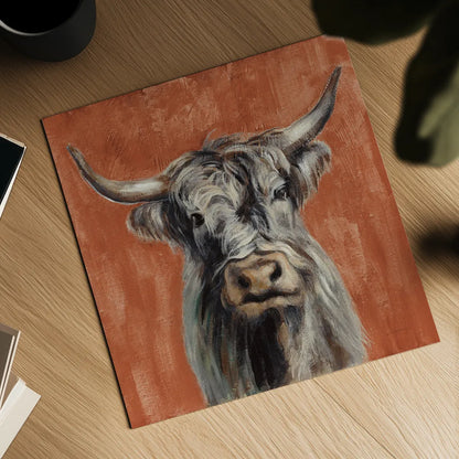 Highland Cow on Terracotta by Silvia Vassileva. Shown as a detailed flat fine art print, highlighting archival giclee quality. Available as an archival giclee rolled canvas, fine art paper, or poster print. SKU 59467a.