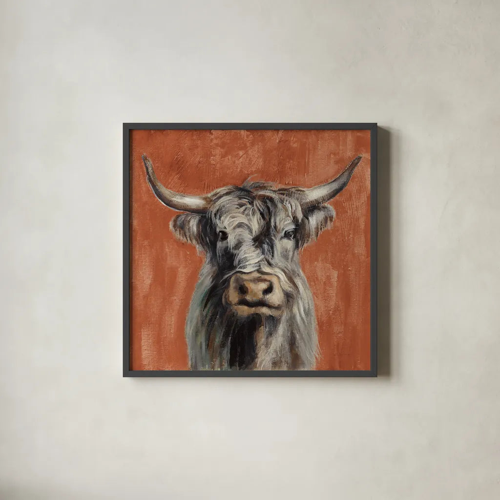 Highland Cow on Terracotta by Silvia Vassileva. Shown in a sleek black glass frame for a contemporary gallery look. Available as an archival giclee rolled canvas, fine art paper, or poster print. SKU 59467a.
