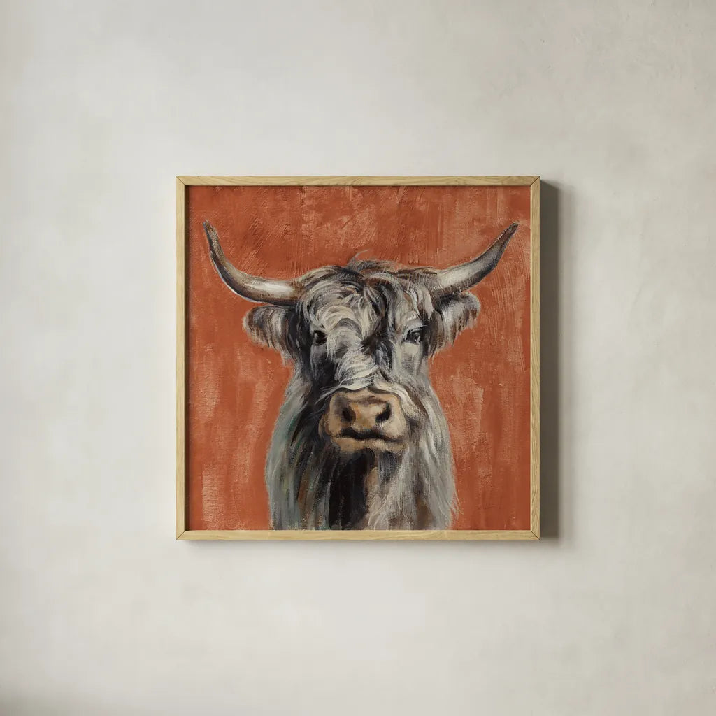 Highland Cow on Terracotta by Silvia Vassileva. Shown in a natural wood glass frame for a timeless modern aesthetic. Available as an archival giclee rolled canvas, fine art paper, or poster print. SKU 59467a.