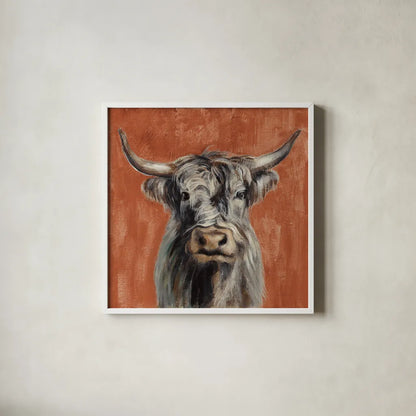 Highland Cow on Terracotta by Silvia Vassileva. Shown in a crisp white glass frame for a clean and minimalist style. Available as an archival giclee rolled canvas, fine art paper, or poster print. SKU 59467a.