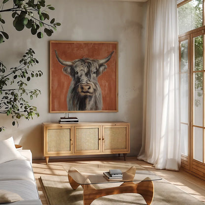 Highland Cow on Terracotta by Silvia Vassileva. Shown in a natural wood frame in a cozy modern living room. Available as an archival giclee rolled canvas, fine art paper, or poster print. SKU 59467a.