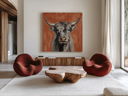 Highland Cow on Terracotta by Silvia Vassileva. Shown as extra-large giant wall art in a modern living room. Available as an archival giclee rolled canvas, fine art paper, or poster print. SKU 59467a.